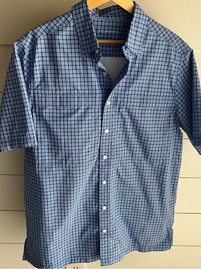 Port Authority Blue Plaid Short-Sleeve Button-Down Shirt w Back Vents Size Large